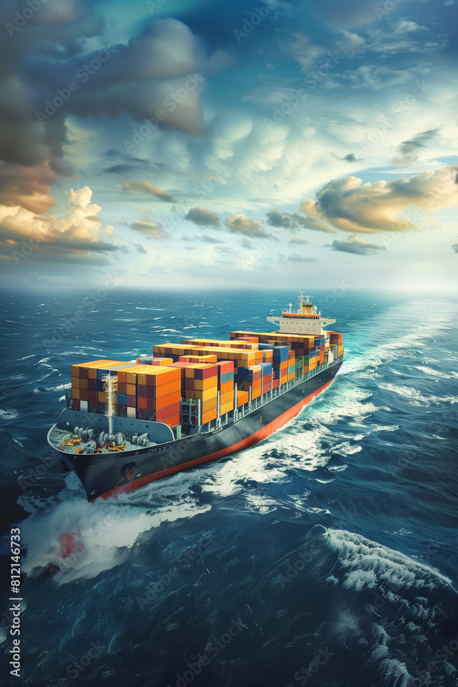 Cargo container ship sailing across the ocean under a dramatic sky ...
