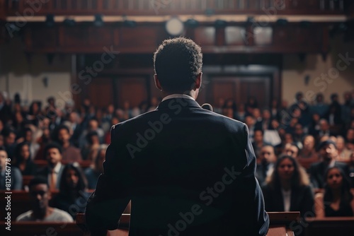 Man speaker on stage speaks to the microphone