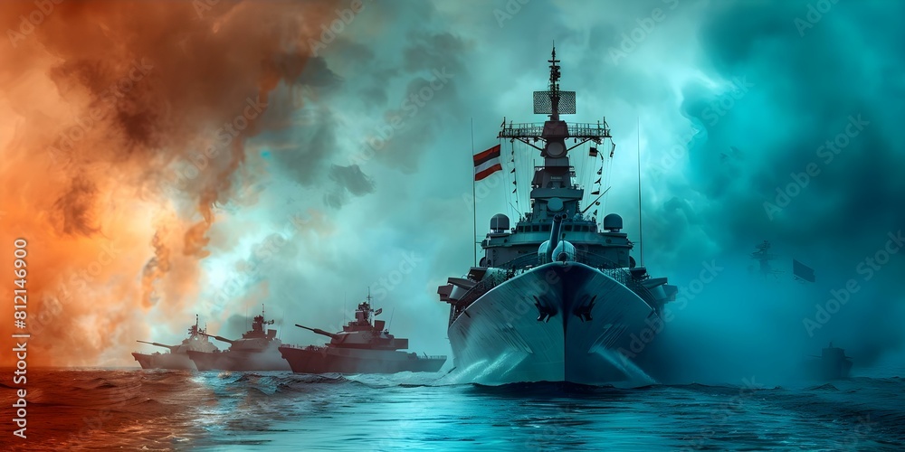 Military warships fighter jets tanks and artillery engage in combat ...