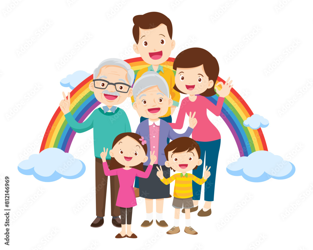 Happy big family in front of house ,rainbow Happy big family in front of house ,rainbow