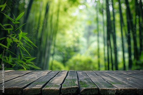 Empty wooden surface set against a backdrop of a lush bamboo forest  the verdant greenery blurred in the background generative ai