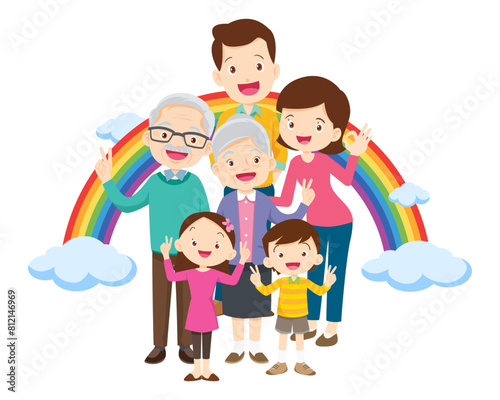 Happy big family in front of house ,rainbow
