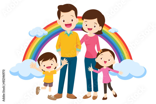 Happy big family in front of house  rainbow
