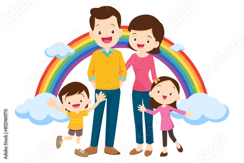 Happy big family in front of house ,rainbow