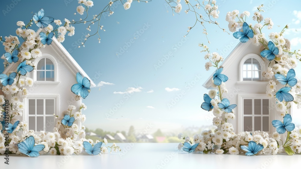 White houses decorated with flowers and space for text. Concept: real estate, housing and apartment insurance White houses decorated with flowers and space for text. Concept: real estate, housing and apartment insurance