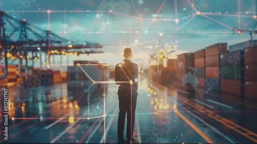 Double exposure businessman standing with global business logistics system connection technology interface global partner connection , Online goods orders worldwide Internet of Things concept photo