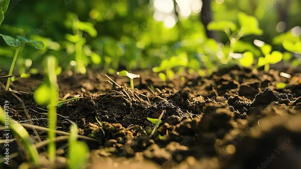  A young plant is growing in the soil , with the sun shining in the background