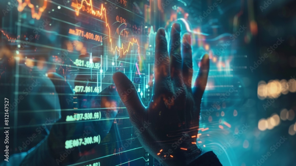 Double exposure hands with stock market chart.