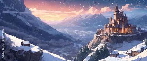 Medieval Fantasy Castle in the Snowy Blue Night Sky Anime Fantasy Style Illustration Ultrawide Wallpaper