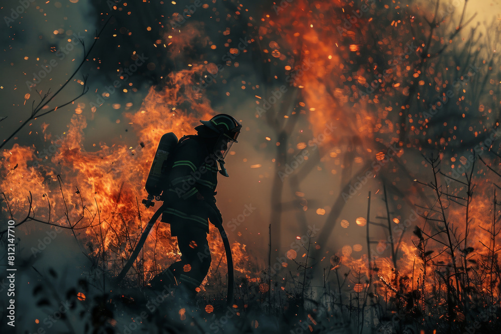 A fireman puts out a forest fire A fireman puts out a forest fire