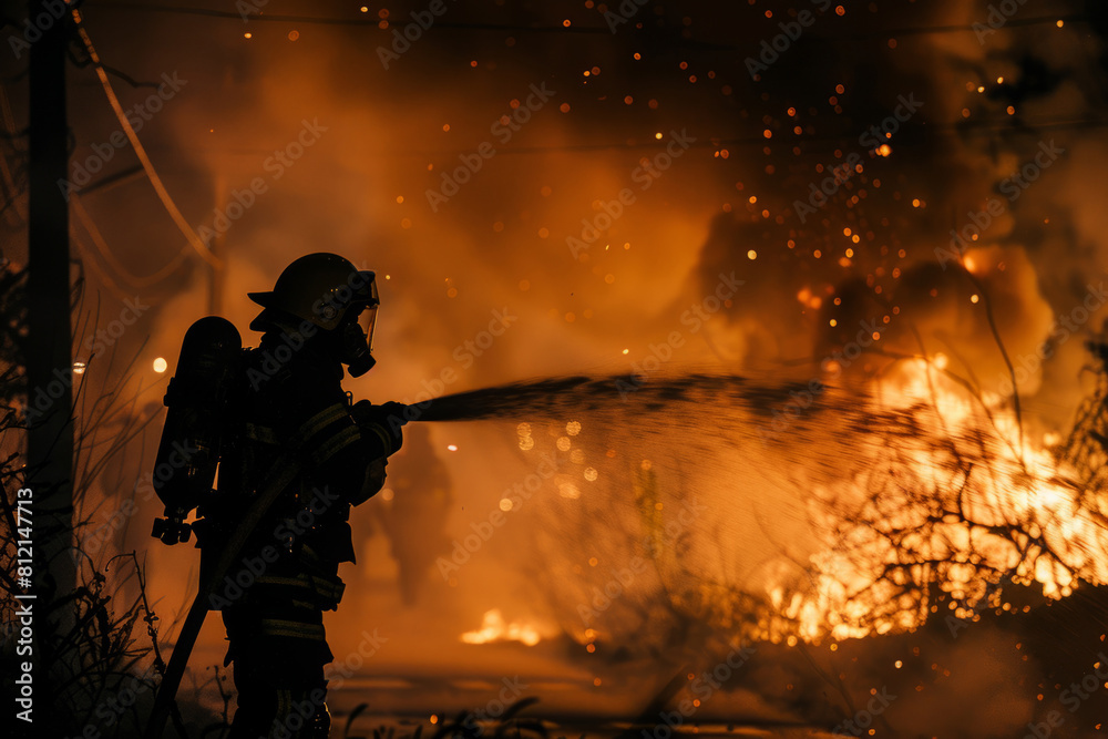 Firefighter in flames fighting with fire