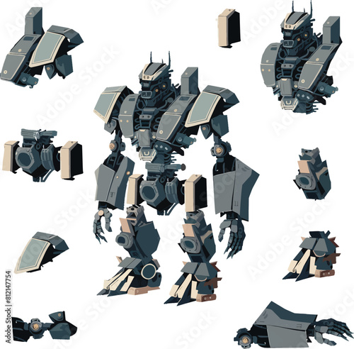 Disassembled robot mech style concept illustration. Indie game design vector graphics.