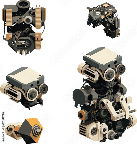 Disassembled robot mech style concept illustration. Indie game design vector graphics.