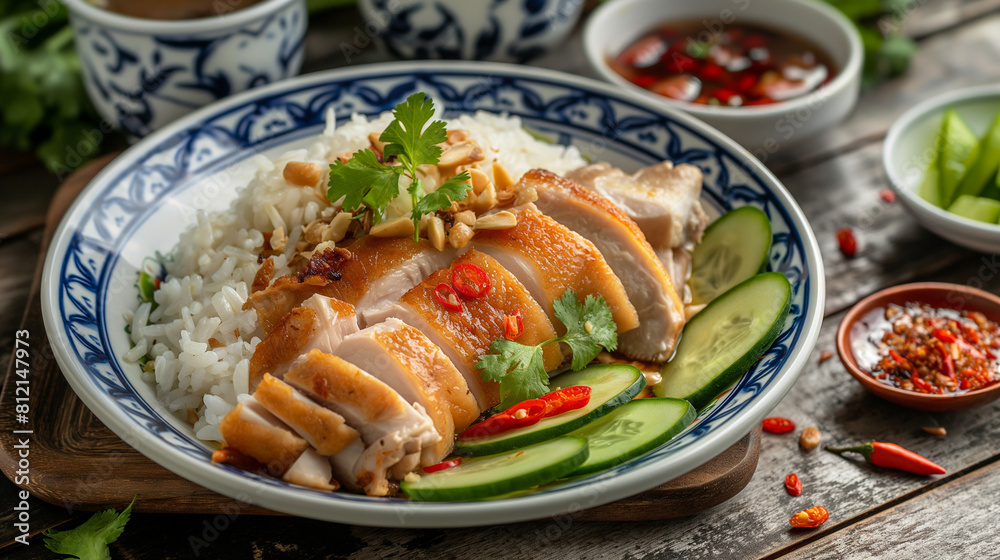 Chicken rice in a Sangkhalok pattern porcelain plate, chicken with chicken skin, and cucumbers There is a small cup of bean curd dipping sauce with a Sangkhalok pattern.