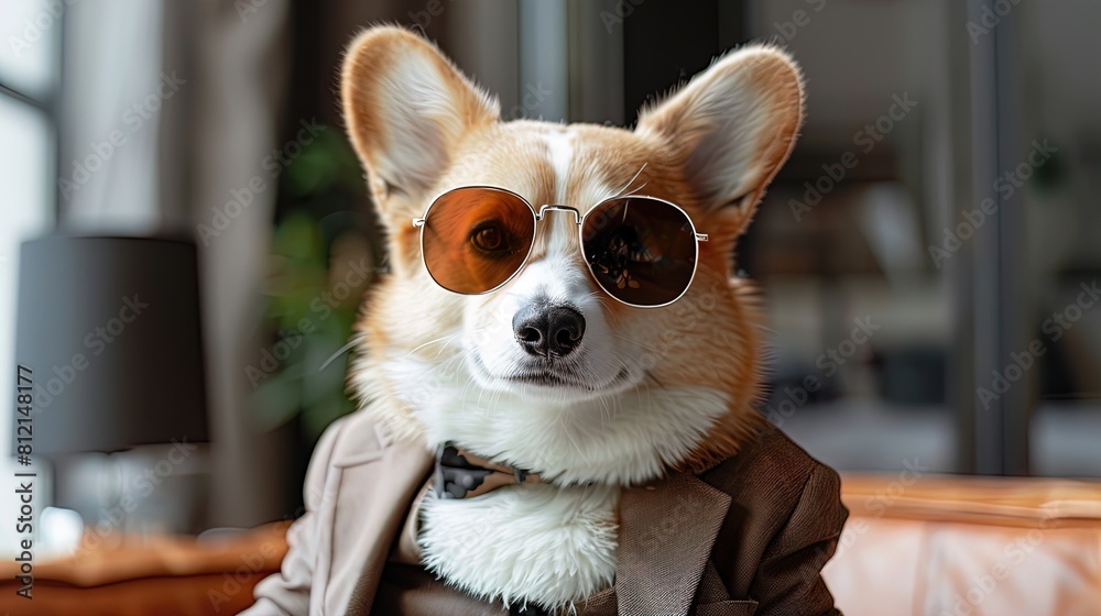 Pembroke Welsh Corgi wearing sunglasses and a suit. Urban pet portrait with soft background. Casual sophistication and fashion concept. Design for poster, greeting card. Pembroke Welsh Corgi wearing sunglasses and a suit. Urban pet portrait with soft background. Casual sophistication and fashion concept. Design for poster, greeting card.