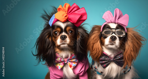 Creative animal concept. Group of Cavalier King Charles Spaniel dog puppy in funky Wacky wild mismatch colourful outfits on bright background advertisement, copy space. party invite invitation banner © Sandra Chia