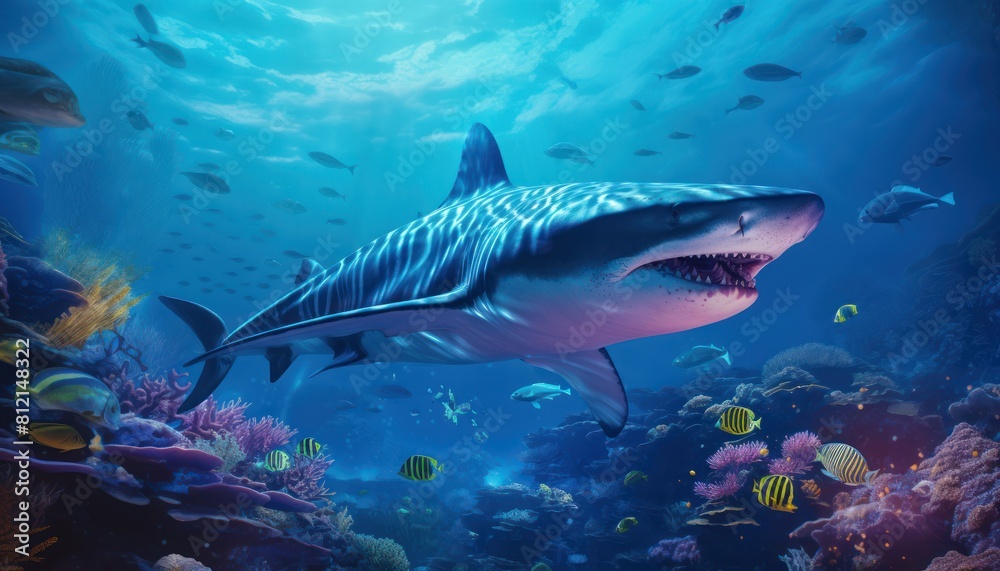 The great White Shark in the ocean, portrait of White shark hunting prey in the underwater The great White Shark in the ocean, portrait of White shark hunting prey in the underwater