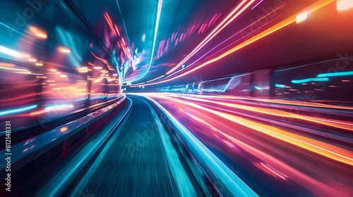 Speeding through a neon lit tunnel lights streaking past