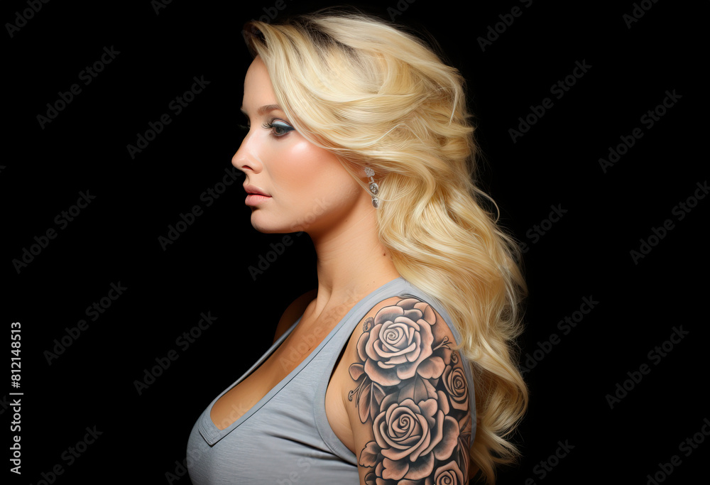 Unusual Tattoo on a female body, close-up. Concept: sketches and ornaments on leather, applying ink Unusual Tattoo on a female body, close-up. Concept: sketches and ornaments on leather, applying ink
