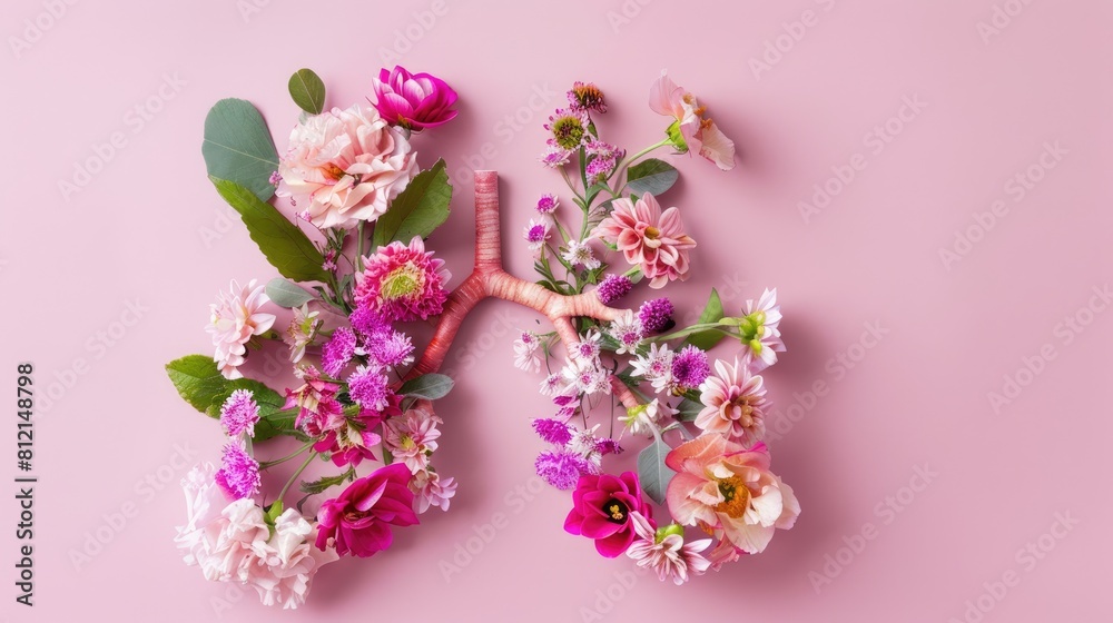 Flowers on a colored background in the shape of human lungs. Allergies, asthma. The harm of smoking to humans. Flowers on a colored background in the shape of human lungs. Allergies, asthma. The harm of smoking to humans.