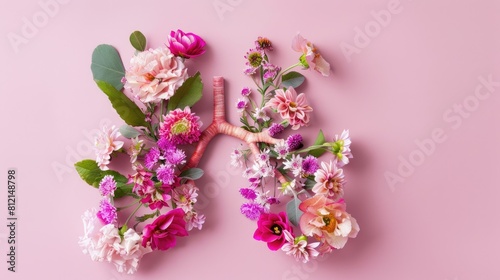 Flowers on a colored background in the shape of human lungs. Allergies, asthma. The harm of smoking to humans.