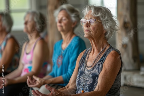 Seniors meditate in yoga class