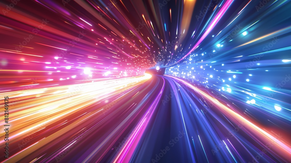 Speeding through a vibrant neon light tunnel