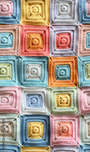 Stunning highresolution photo of an intricately crafted crochet patchwork featuring a range of soft pastelcolored squares, ideal for backgrounds and artistic endeavors