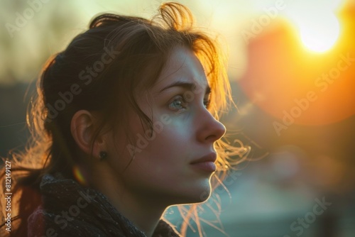 Tranquil and peaceful woman contemplating the serene golden hour sunset in nature. With a thoughtful profile view and warm backlight sunlight © anatolir