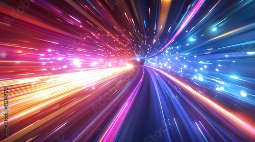 Speeding through a vibrant neon light tunnel