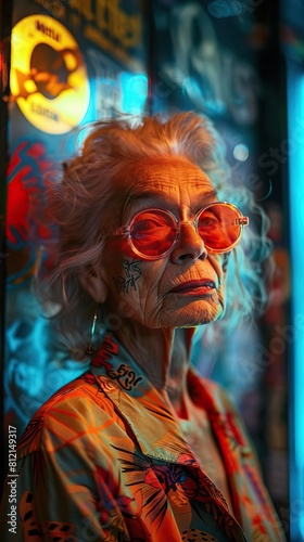 Thoughtful senior woman wearing red sunglasses looking away.