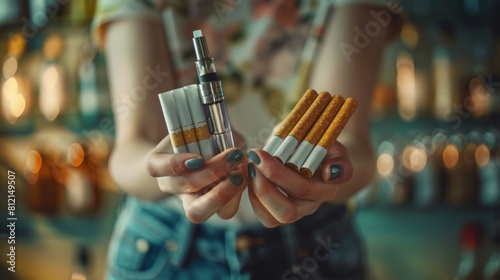 Woman Holding Vape and Cigarettes