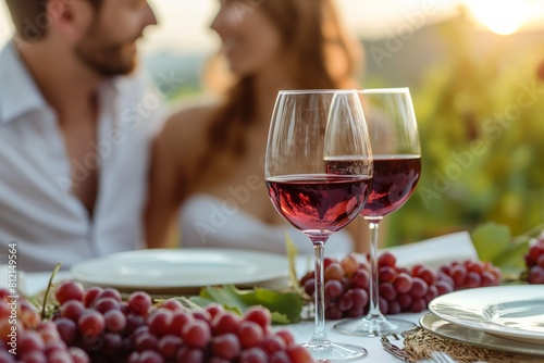 Couple dating with red wine in glasses on grape field, beautiful view, sunset