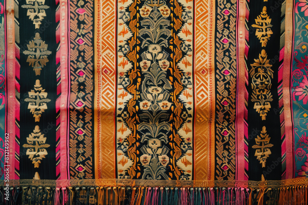 Exquisite Thai woven fabric with intricate floral patterns in traditional temple designs Exquisite Thai woven fabric with intricate floral patterns in traditional temple designs