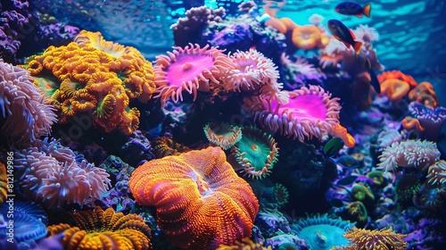 The vibrant colors of a coral reef teeming with marine life.