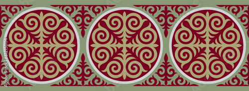 Kazakh ornaments. Strip of plant patterns. Ethno style.  Horizontal patterned design. Traditional patterns of Kazakhs. Ancient Turkic ornaments. Traditions of Kazakhstan. Decorative art of nomads. 
