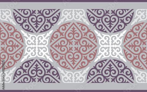 Kazakh ornaments. Strip of plant patterns. Ethno style.  Horizontal patterned design. Traditional patterns of Kazakhs. Ancient Turkic ornaments. Traditions of Kazakhstan. Decorative art of nomads. 