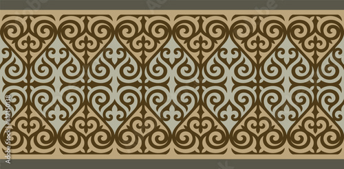 Kazakh ornaments. Strip of plant patterns. Ethno style.  Horizontal patterned design. Traditional patterns of Kazakhs. Ancient Turkic ornaments. Traditions of Kazakhstan. Decorative art of nomads. 