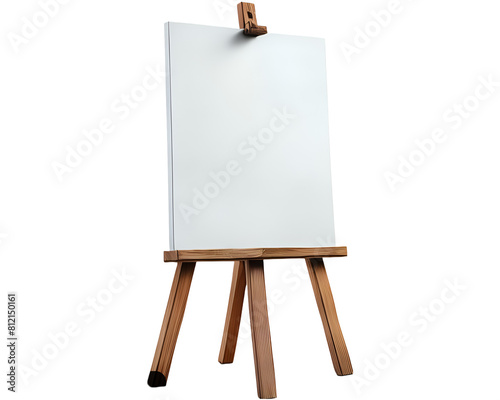 Front and side view of wooden easel and blank white canvas mockup. Isolated transparent background PNG made of wood. wooden. Excellent cut pen tool. Fine Art. Concept drawing.