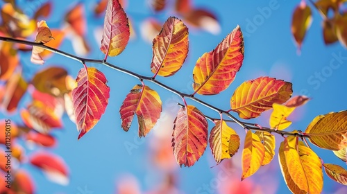 The vibrant hues of autumn leaves against a clear blue sky. photo