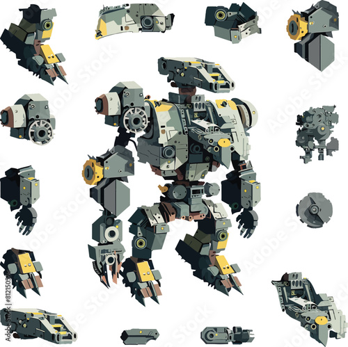 Disassembled robot mech style concept illustration. Indie game design vector graphics.