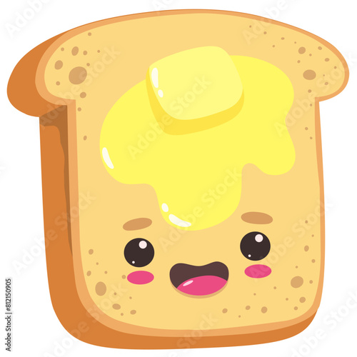 Toast with butter, cute and cartoon character with happiness emotion, food. Food vector character.