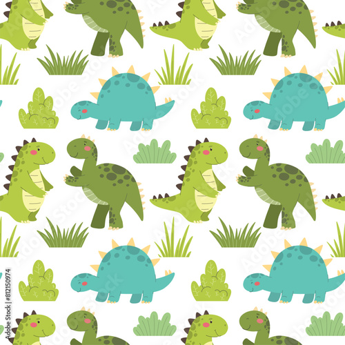 Seamless pattern with dinosaurs. Cute cartoon dinosaurs, children's print, vector. © EkaterinaGr