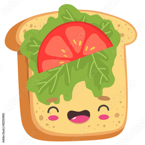 Toast with tomato and lettuce, cute and cartoon character with happiness emotion, food. Food vector character. © EkaterinaGr