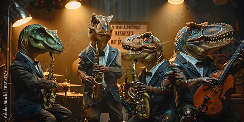Four dinosaurs in suits play musical instruments, dinosaurs music party