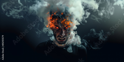 Portrait of a man with a smoke coming out of his head and a fire from eyes. Extreme anger concept photo