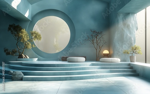 A tranquil stage design in blue  featuring a circular window  bonsai trees  and soft lighting  perfect for serene displays.