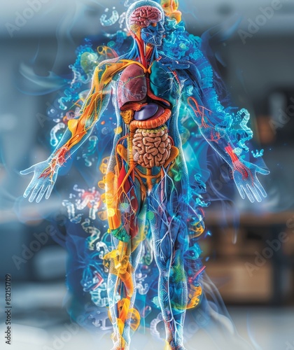 This vibrant anatomical model offers a vivid representation of various human organs and systems, illustrating their complex interconnections.