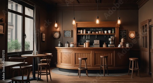 interior of a coffee shop ,Small coffee shop ,Coffee on table