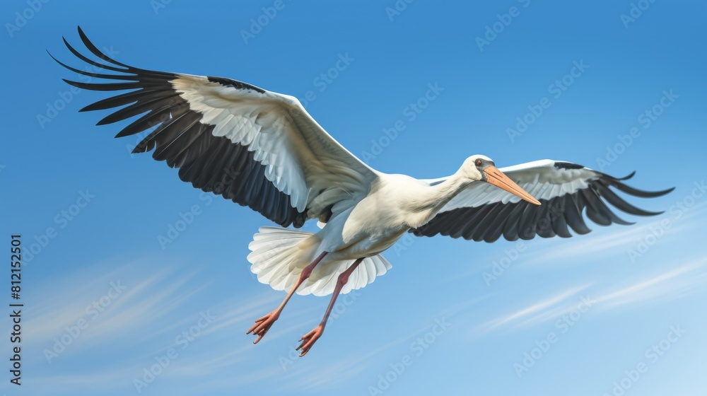 Fototapeta premium white stork flying on the light blue sky , open wings